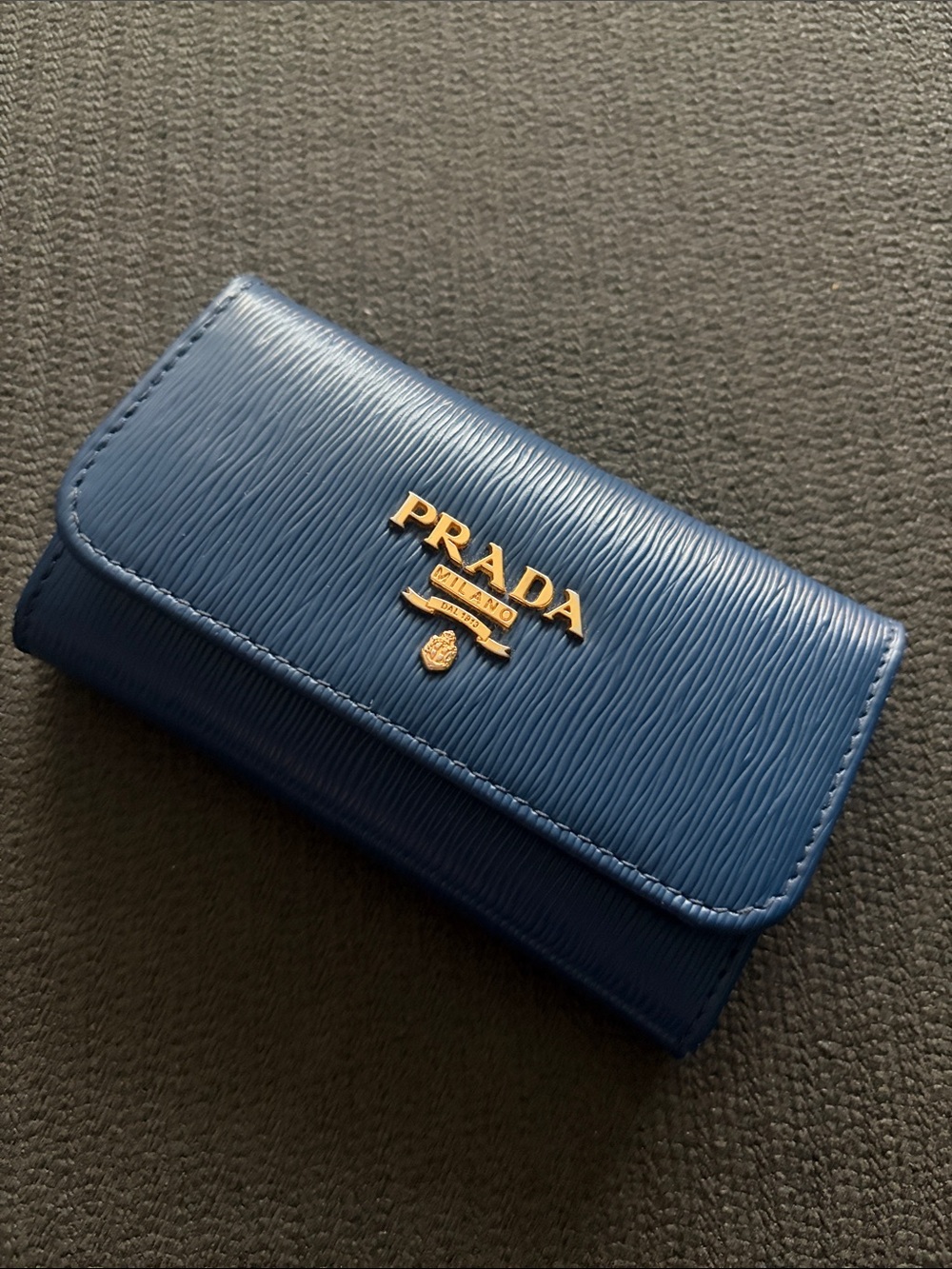 Prada Key holder-Navy Blue Saffiano Leather Wallet with Gold Logo
